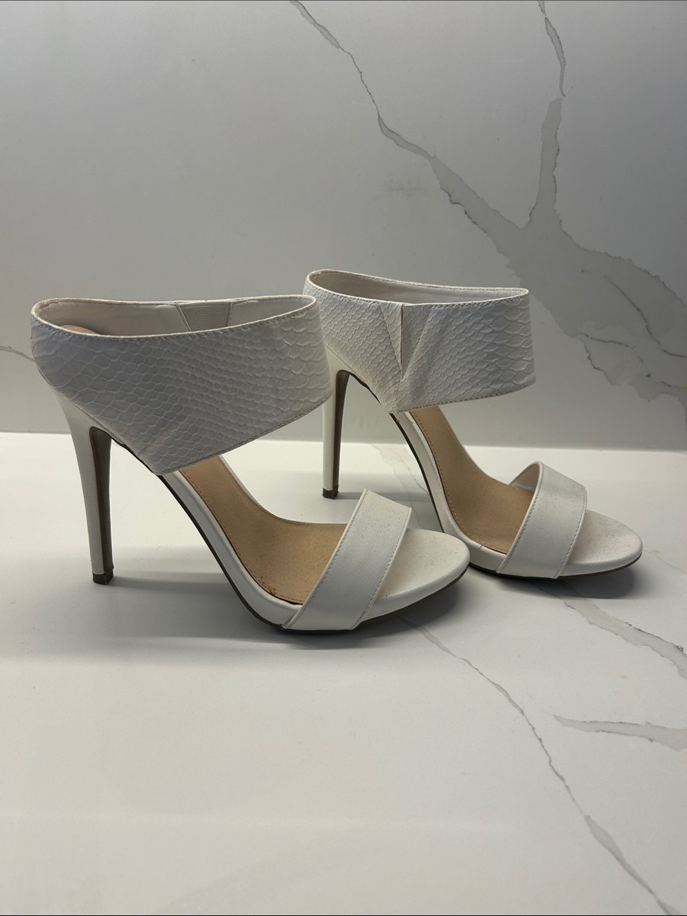 Elegant White High Heel Sandals with Ankle Cuff
